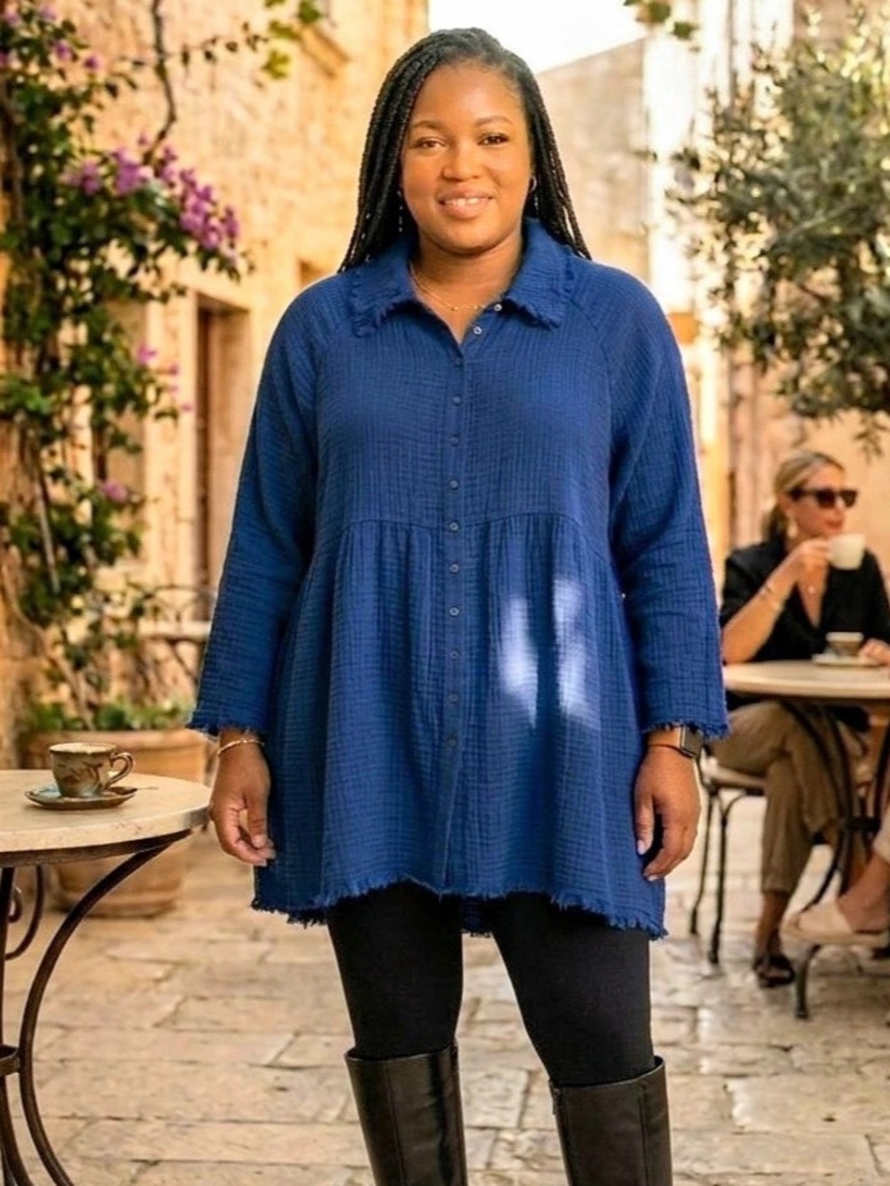 Zenana Raw Edge Double Gauze Babydoll Tunic Shirt